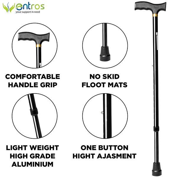 Entros Height Adjustable Walking Stick - Black (KL920L) - Wheelchairs & Walking Sticks