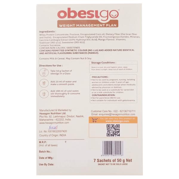Obesigo Weight Management Plan Powder - Mango Shake (Pack of 7 x 50 g) - Weight Loss