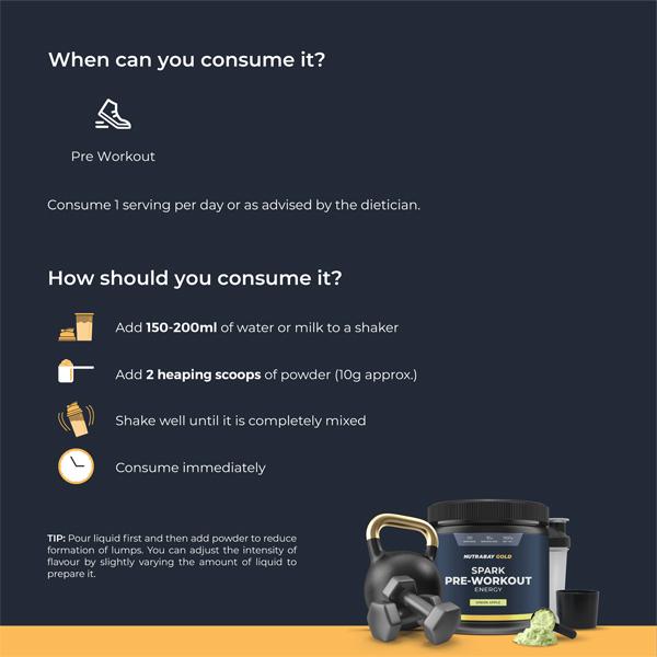 Nutrabay Gold Spark Pre-Workout Energy Powder - Green Apple Flavour 300 gm - Energy Drinks