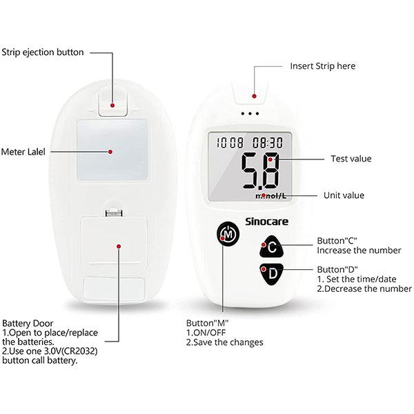 Sinocare Safe Accu Blood Sugar Monitor Test Kit (Test Strips 100's + Lancets 100's) 1's - Blood Glucose Monitors/Strips