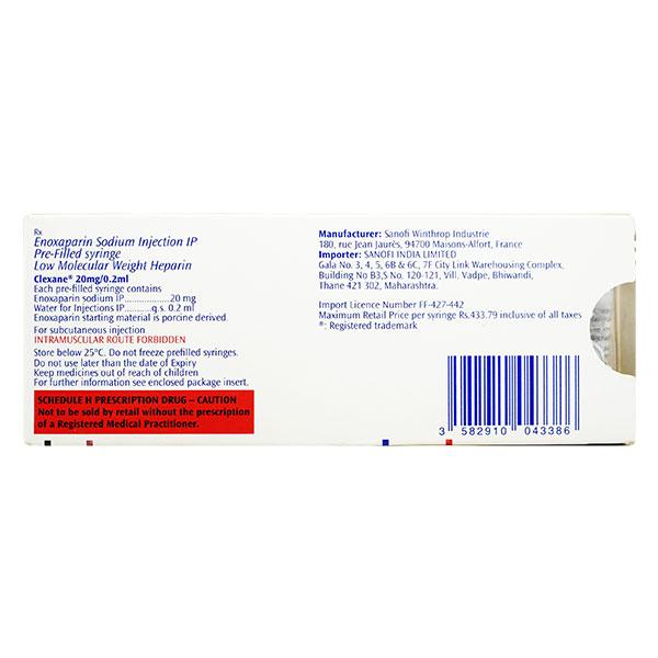Clexane 20mg Injection(Pfs) 0.2ml - Blood Clot-Ant