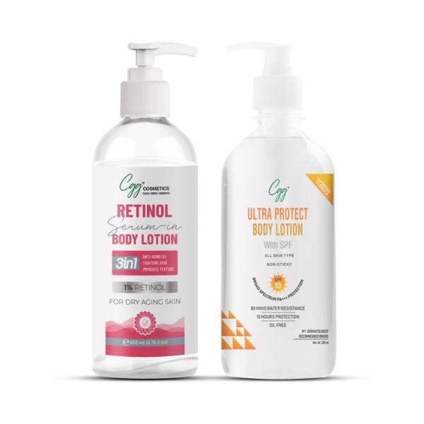 CGG Cosmetics 1% Retinol Serum in Body Lotion 200 ml + CGG Cosmetics Ultra Protect Body Lotion SPF 50 PA+++ Protection 200 ml (Combo Pack) 400 ml - Lotions & Creams