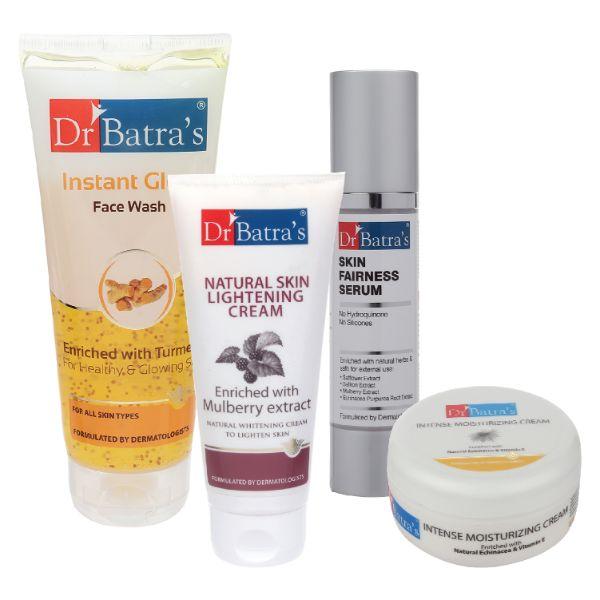 Netmeds | Dr Batra's Instant Glow Face Wash 200 gm + Natural Skin Lightening Cream 100 gm + Skin Fairness Serum 50 gm + Intense Moisturizing Cream 100 gm