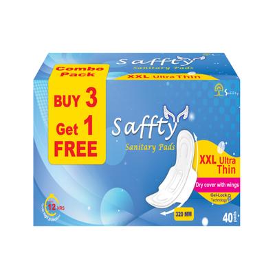 Saffty Ultra Thin Sanitary Pads 320 MM with Dry Cover and Wings (Buy 3 Get 1 Free) (XXL) 40's - Sanitary Napkins