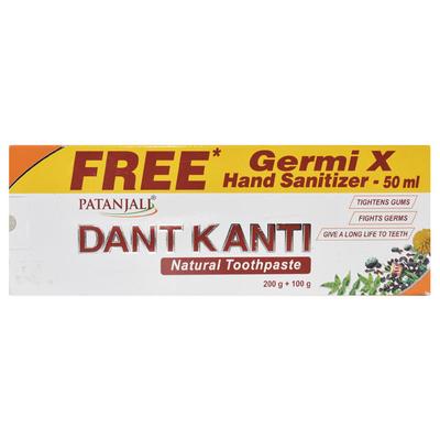 Patanjali Dant Kanti Tooth Paste - Natural (200 gm + 100 gm) + Free Germi X Sanitizer 50 ml - Toothpaste