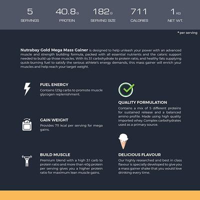 Nutrabay Gold Mega Mass Gainer Powder - Vanilla Ice Cream 1 kg - Weight Gain