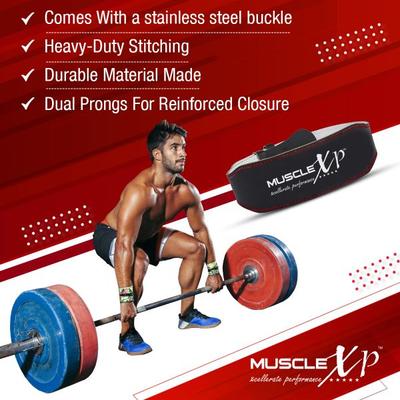 MuscleXP Leather Weight Lifting Gym Belt with Buckle Fitness Gym Back Support - Black (XL) 1's - Workout Essentials