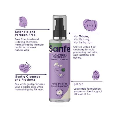 Sanfe 3 in 1 Intimate Wash - Cucumber & White Lily 100 ml - Intimate Care