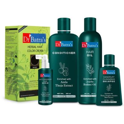 Dr Batra's Dandruff Cleansing Shampoo 100 ml + Anti-Dandruff Hair Serum 125 ml + Conditioner 200 ml + Hair Oil 200 ml + Herbal Hair Color Cream - Brown - Hair Treatment