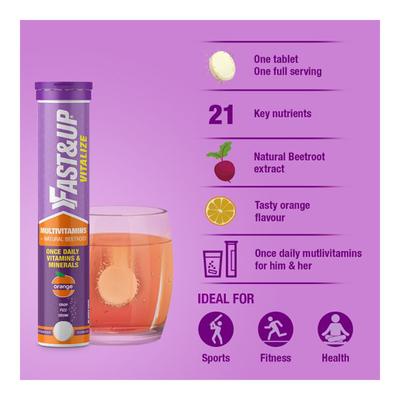Fast&Up Vitalize Multivitamins Beetroot Effervescent Tablet - Orange Flavour 20's - Multi-Vitamins