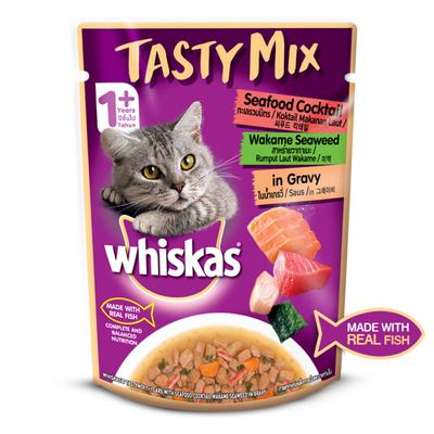 Whiskas Tasty Mix Seafood Wakame Seaweed in Gravy (Pack of 70gm x 12) 840 gm - Petfood