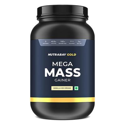 Nutrabay Gold Mega Mass Gainer Powder - Vanilla Ice Cream 1 kg - Weight Gain