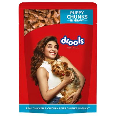 Drools Puppy Wet Dog Food, Real Chicken and Chicken Liver Chunks in Gravy, 24 Pouches (24 x 150g) 3600 gm - Petfood