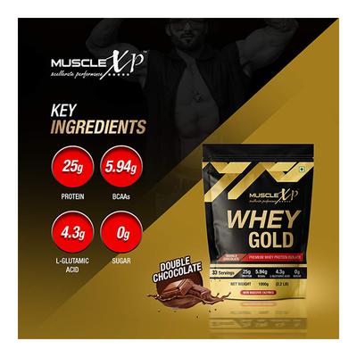 MuscleXP Whey Gold Powder - Double Chocolate Flavour 1 kg + Shaker 1's - Whey Proteins