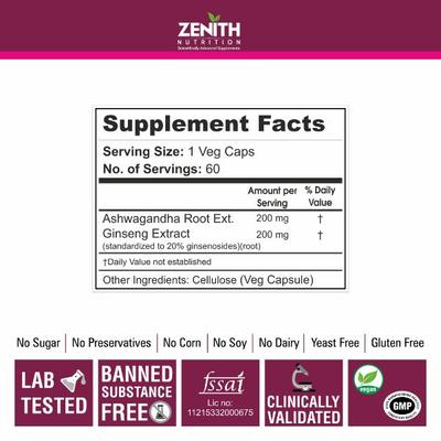 Zenith Nutrition Ginseng with Ashwagandha Capsules 60's - Sexual Care