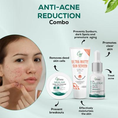CGG Cosmetics No More Acne 2% Salicylic Serum 10ml + CGG Cosmetics Salicylic Acid Water Gel Moisturizer 50 gm + CGG Cosmetics Ultra Matte Sunscreen Gel SPF 45 Broad Spectrum PA+++ Protection 50 gm (Combo Pack) 160 gm - Body Sunscreen