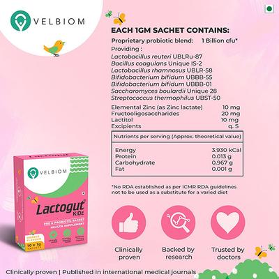 Velbiom Lactogut Kidz Pre & Probiotic Sachet - Orange (10's x 1 gm) - Digestive Health