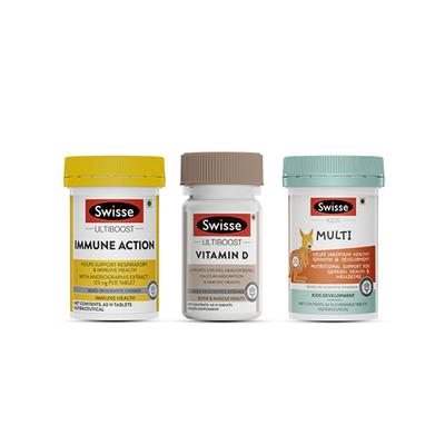 Swisse Family Immunity (Immune Action Tablet 60's, Vitamin D Tablet 90's, Kids Multi Tablet 60's) Combo Pack - Vitamin C