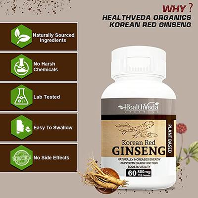 Health Veda Plant Based Korean Red Ginseng 800 mg Veg Capsule 60's - Herbal Dietary Supplement