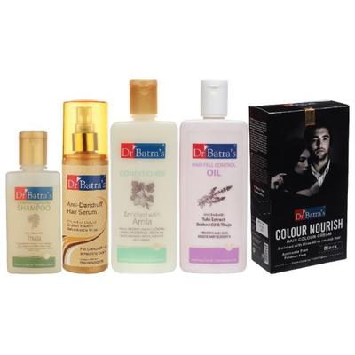 Dr Batra's Dandruff Cleansing Shampoo 100 ml + Anti-Serum 125 ml + Confitioner 200 ml + Hair Fall Control Oil 200 ml + Colour Nourish Hair Colour Cream - Black - Hair Treatment