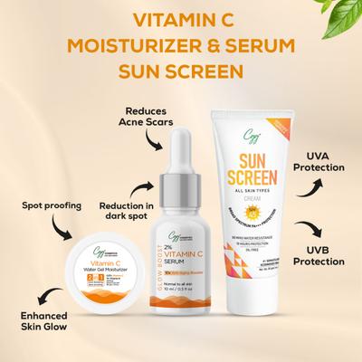 CGG Cosmetics Glow Boost Cosmetics 2% Vitamin C Serum 10 ML + CGG Cosmetics Vitamin C Water Gel Moisturizer 100 gm + CGG Cosmetics Sunscreen Cream SPF 45 50 gm (Combo Pack) 160 gm - Body Sunscreen