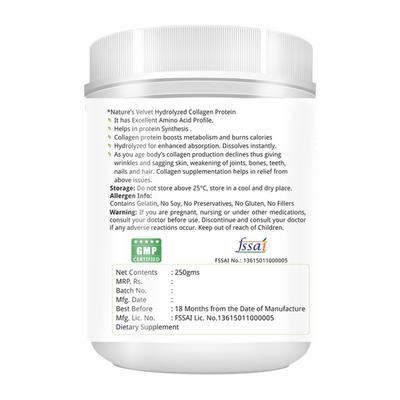 Natures Velvet Hydrolyzed Collagen Powder - Unflavoured 250 gm - Speciality Medicines