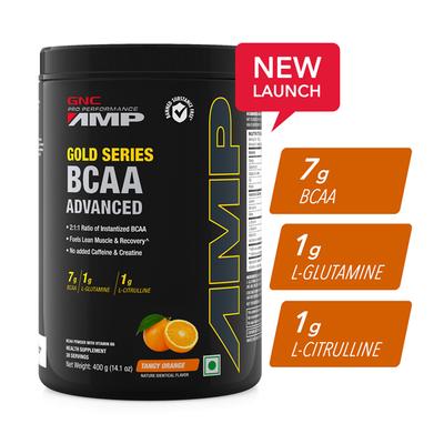 GNC AMP Gold Series BCAA Advanced Powder with Vitamin B6 - Orange Flavour 400 gm - Bcaa Supplements