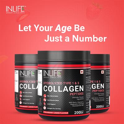 INLIFE Hydrolyzed Type 1 & 3 Collagen Peptides Powder - Strawberry Lemon Flavour 200 gm - Hair & Skin