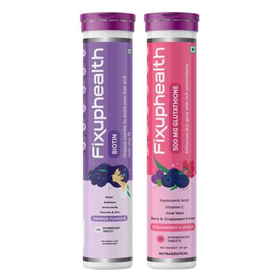 FixUpHealth Biotin Effervescent Tablet - Orange Flavour 20s & FixUpHealth Glutathione Effervescent Tablet - Strawberry Flavour 15s 1's - Hair & Skin