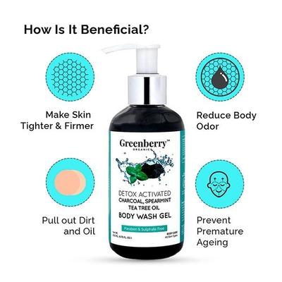 Greenberry Organics Body Wash Gel - Activated Charcoal, Spearmint & Tea Tree Oil 200 ml - Shower Gels & Body Wash