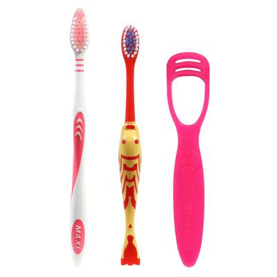 MAXI Oral Care Family Combo Pack - Soft (Oval Grip 2's + Goldie Junior 2's + Tongue Cleaner-No.1 2's) - Toothbrushes