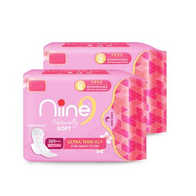 Niine Naturally Soft Sanitary Pads with Biodegradable Disposal Bags - Ultra Thin XL+ (Pack of 2 x 7's) - Sanitary Napkins