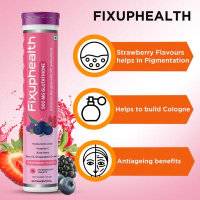 FixUpHealth Electrolytes Effervescent Tablet - Lemon Flavour & FixUpHealth Glutathione Effervescent Tablet - Strawberry Flavour 15s 1's - General Health