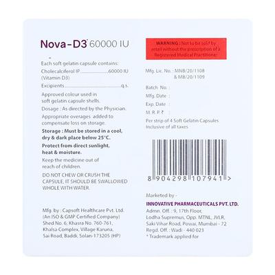 NOVA D3 60000iu Soft Gelatin Capsule 4's - Supplements-Vit