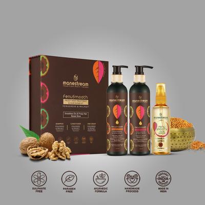 Manestream FenuSmooth Frizzy Hair Treatment & Hair Shine Kit - Fenugreek & Walnut (Shampoo 250 ml + Conditioner 250 ml + Hair Serum 100 ml) 1's - Hair Treatment