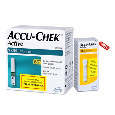 Accu-Chek Active Test Strip 100's + Free Accu-Chek Softclix Lancets 25's - Blood Glucose Monitors/Strips