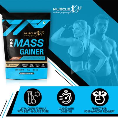 MuscleXP Pro Mass Gainer - Double Chocolate 1 kg + Shaker 1's - Weight Gain