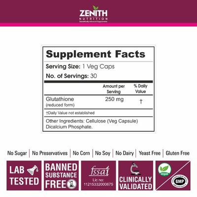 Zenith Nutrition Glutahione 250 mg Capsules 30's - General Health