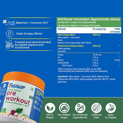 Fast&Up Plant Based Pre-Workout Powder - Unflavoured 150 gm - Workout Essentials