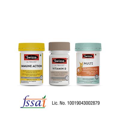 Swisse Family Immunity (Immune Action Tablet 60's, Vitamin D Tablet 90's, Kids Multi Tablet 60's) Combo Pack - Vitamin C