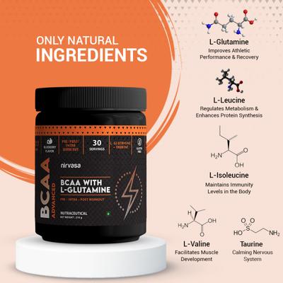 Nirvasa BCAA Advanced Powder with L-Glutamine - Blueberry Flavour 210 gm - Bcaa Supplements