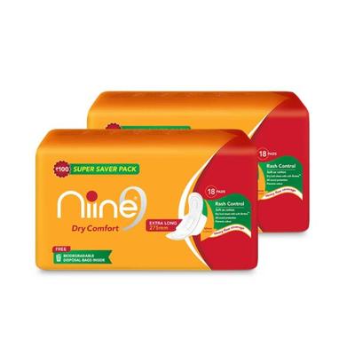 Niine Naturally Soft Sanitary Napkin with Biodegradable Disposable Bags - Extra Long (Pack of 2 x 18's) - Sanitary Napkins