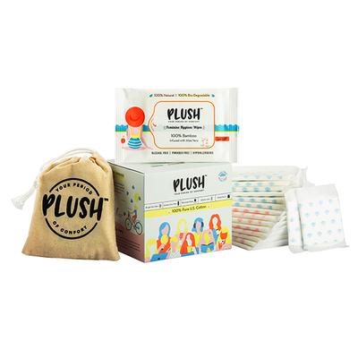 Plush 100% Pure US Cotton Pack (8 Light Flow Pads + 6 Heavy Flow Pads + 2 Panty liner + 1 Plush Pouch) & Hygeine Wipes - Panty Liners