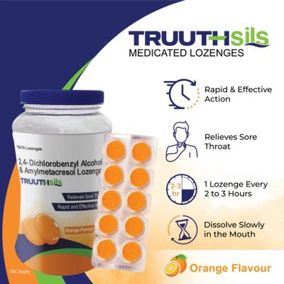 Truuthsils Lozenges - Medicated Orange (Blisters) (Pack of 10 x 10's) - Sore Throat Lozenges