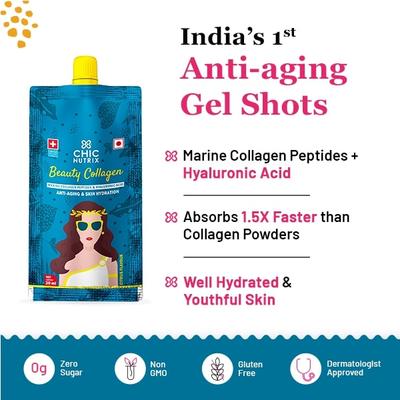 Chicnutrix Beauty Collagen - Marine Collagen Peptides & Hyaluronic Acid Gel Shots - Citrus Flavour (Pack of 15 x 30 ml) - Hair & Skin