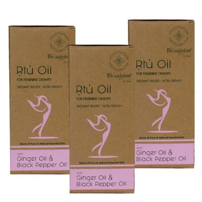 Bhisajyam Rtu Oil Roll On for Feminine Cramp - Ginger & Black Pepper Oil -Pack of 3 x 10 ml - Intimate Care