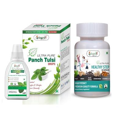 Vringra Ultra Pure Panch Tulsi Drops 30 ml + Vringra Ultra Pure Healthy Step Capsule 60's - Health Products