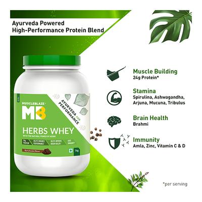 MuscleBlaze Herbs Whey Powder - Rich Chocolate 1 kg - Workout Essentials