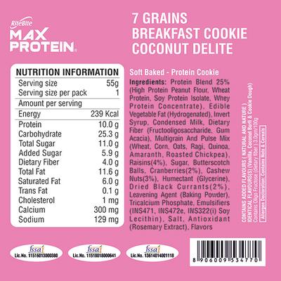 RiteBite Max Protein 7 Grain Breakfast Cookie - Coconut Delite (Pack of 6 x 55 gm) - Nutritional Bars