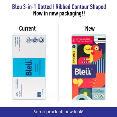 Bleu 3 in 1 High Grade Natural Latex Dotted Ribbed and Contour Shaped Condoms (Pack of 6 X 8's) - Plain/Flavoured Condoms